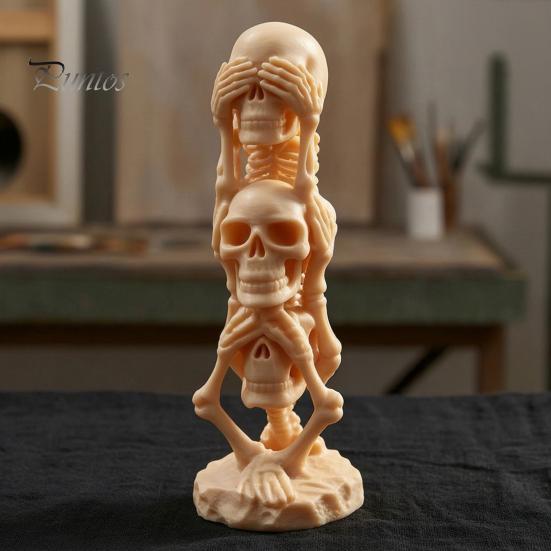 Unique Dark Aesthetic Decor Triple Stacked Skulls Figurine, Spooky See Hear Speak No Evil Skeleton Head Artistic Bone Texture Figurine Statue,