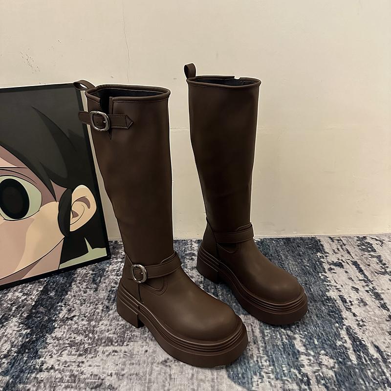 

Осень Зима 2024 Горячая Распродажа Женские Винтажные Сапоги Сапоги на Среднем Каблуке Круглый Носок Износостойкие Женские Сапоги до Колена 39 коричневый