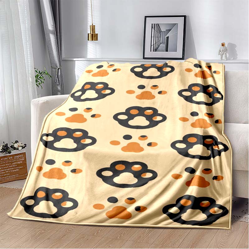 Black White Gold Paw Print & Heart Flannel Blanket, Soft Cozy Warm Throw for Bed Sofa Couch, Lightweight All Season Plush Cover
