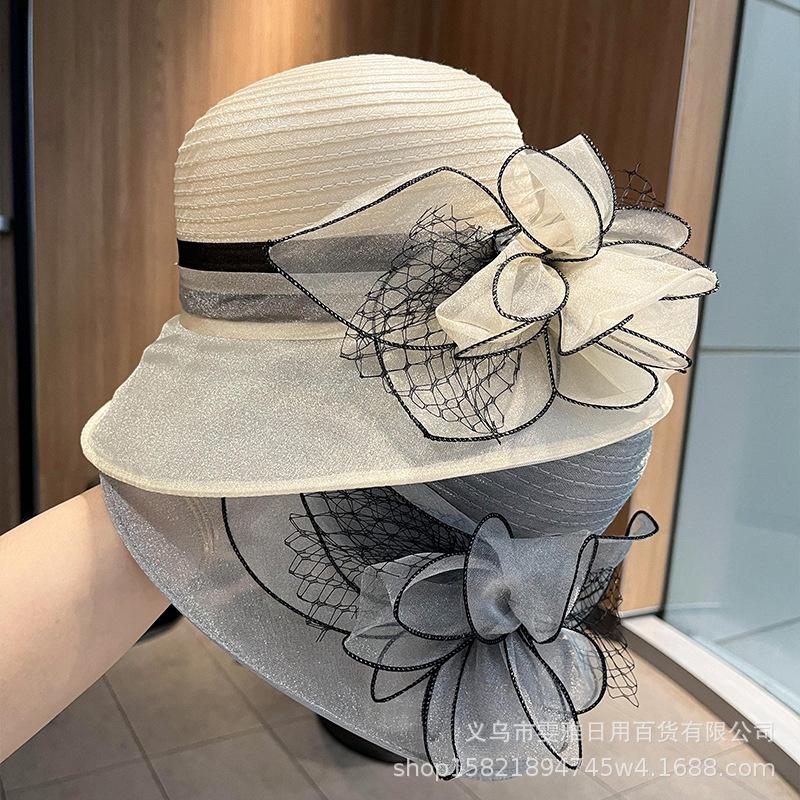 Fashion Organza New Fisherman Hat Children Summer Sunshade French Hepburn Style Flower Sunscreen Hat Beach Top Hat