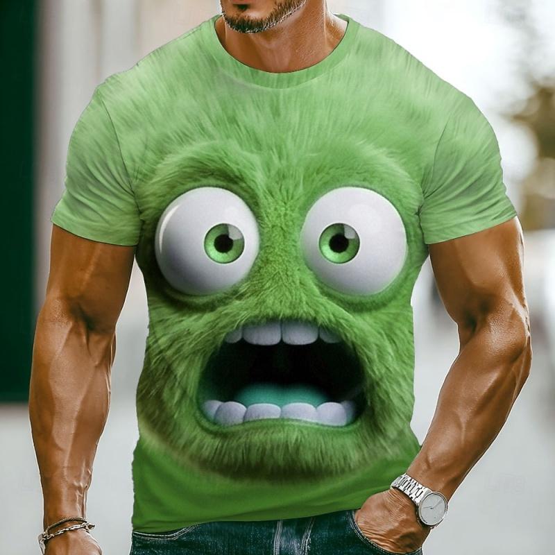 3D Print Furry Monster Face T-Shirt for Men Cute Cartoon Graphic Short Sleeve Tees Summer Casual Street Tops Round Neck T Shirts