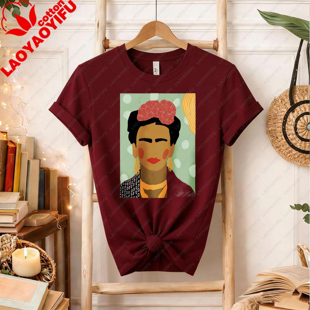 Frida Kahlo Inspired TShirt Minimalist Cotton Tee for Art Lovers Bold Creative Portrait Design Fashion Printed Tshirt Tops