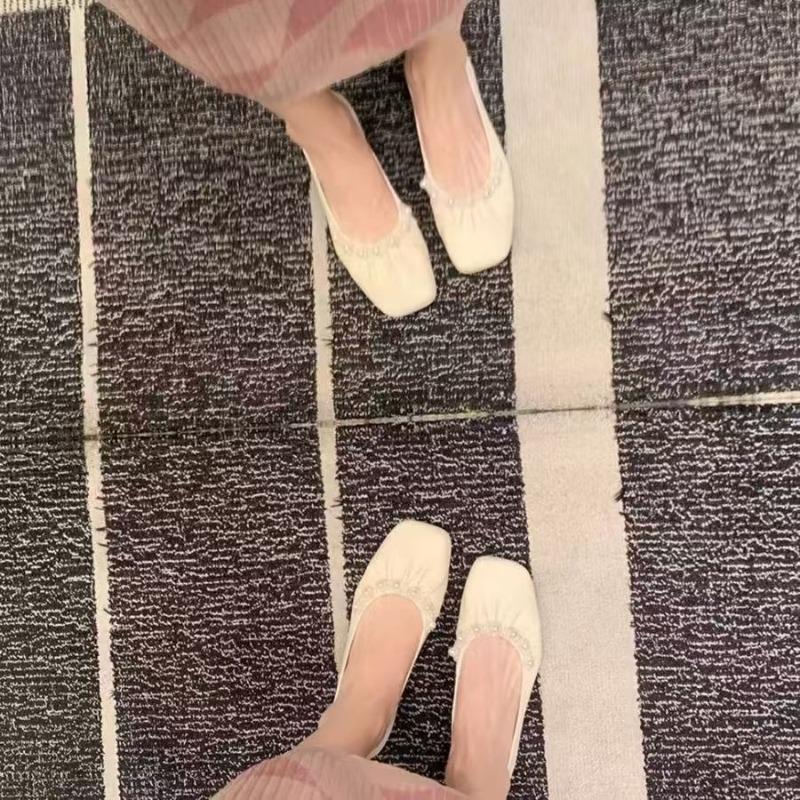 Autumn single shoes pearl flat shoes shallow mouth fairy shoes gentle wind single shoes female retro low heel shoes 35 слоновая кость