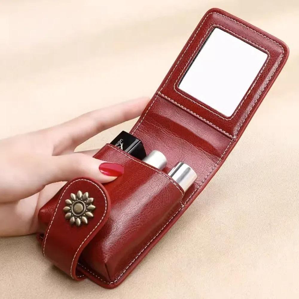 Portable Mini Makeup Bag PU Leather Vintage Lipstick Packet with Mirror Cosmetic Accessories Storage Pouch for Women Girls