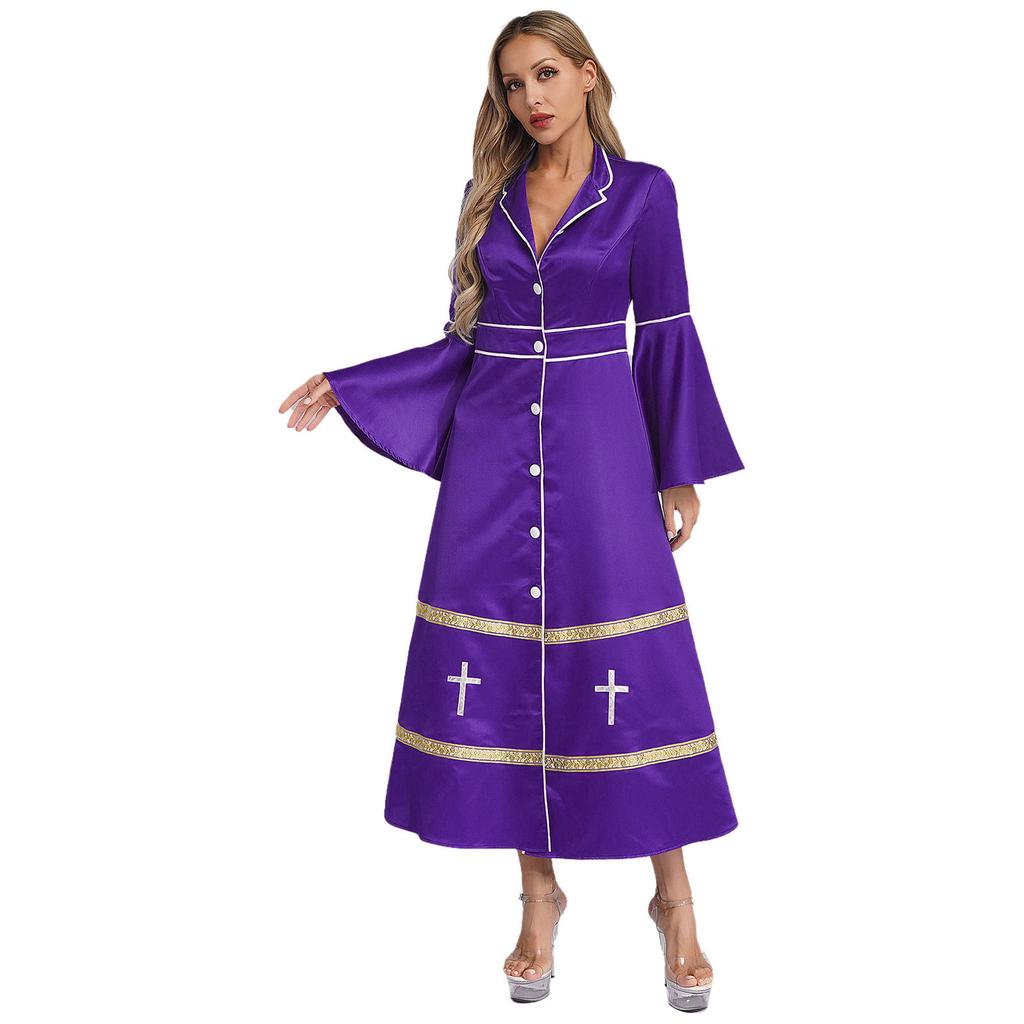 Womens Clergy Minister Robe Stand Collar Long Sleeve Buttons Design Cassock Church Pastor Robe