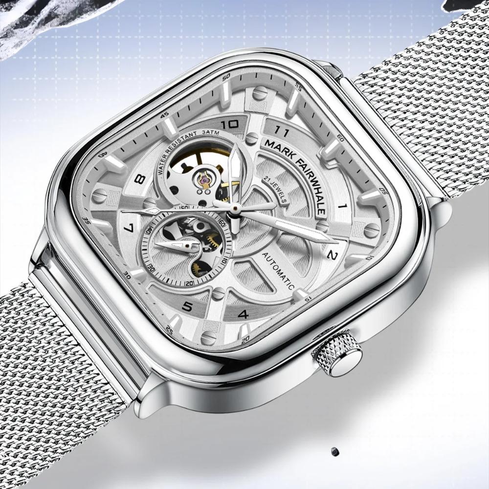Mark Fairwhale 6014 Herren Automatikuhr Mechanische Uhr Quadratisches Zifferblatt Edelstahl Wasserdichtes Netzarmband Uhren für Herren