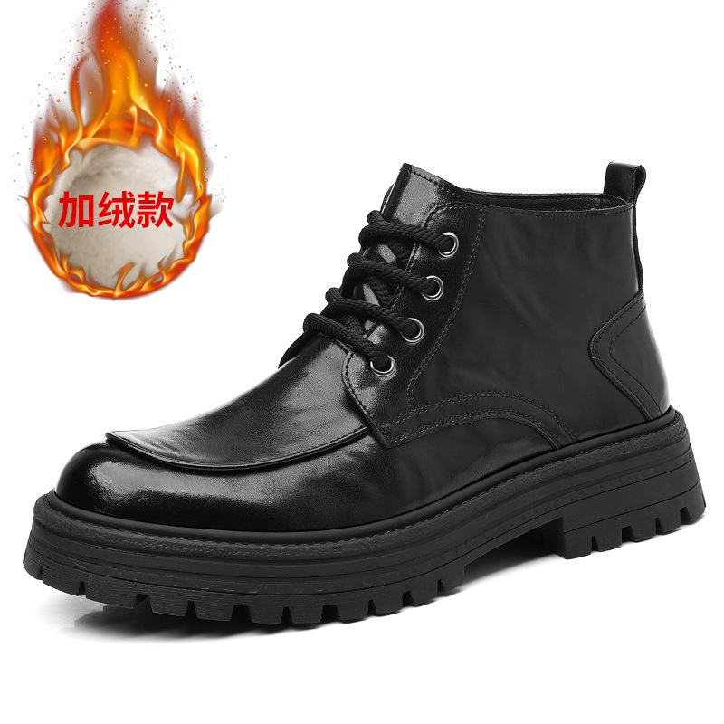 Black fashion Martin boots men's 2024 autumn and winter new velvet warm high-top cotton shoes Martin boots men