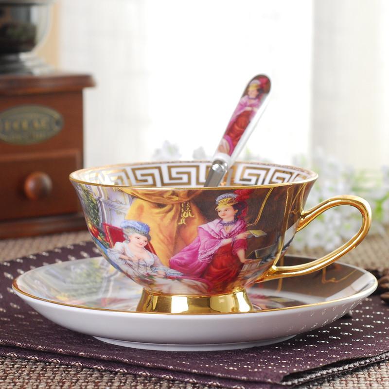 200ml Europe Oil Painting Bone China Coffee Cup Mug Plate Spoon Set Luxury Elegant Mug Porcelain Tea Cup Teaware Party Drinkware