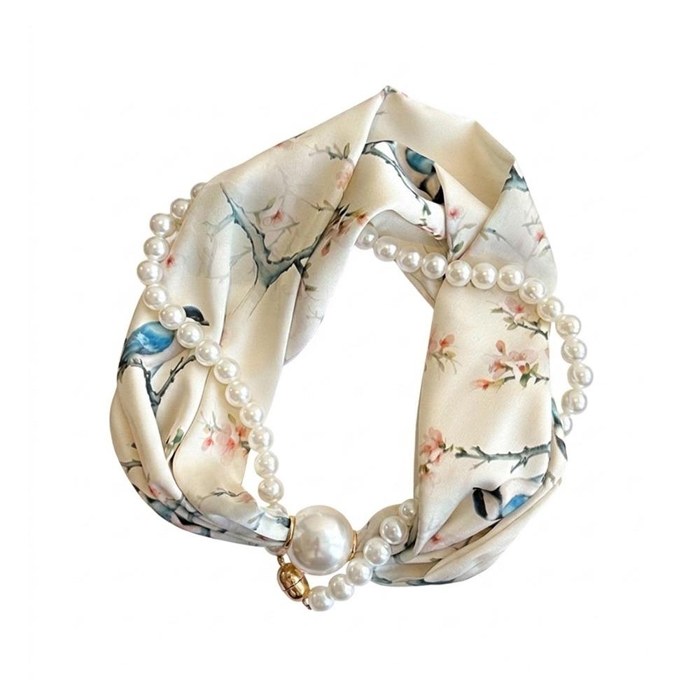 Magnetic Buckle Pearl Magnetic Clasp Scarf Thin Women's Shirt Necklace Elegant Silk Scarf  Women