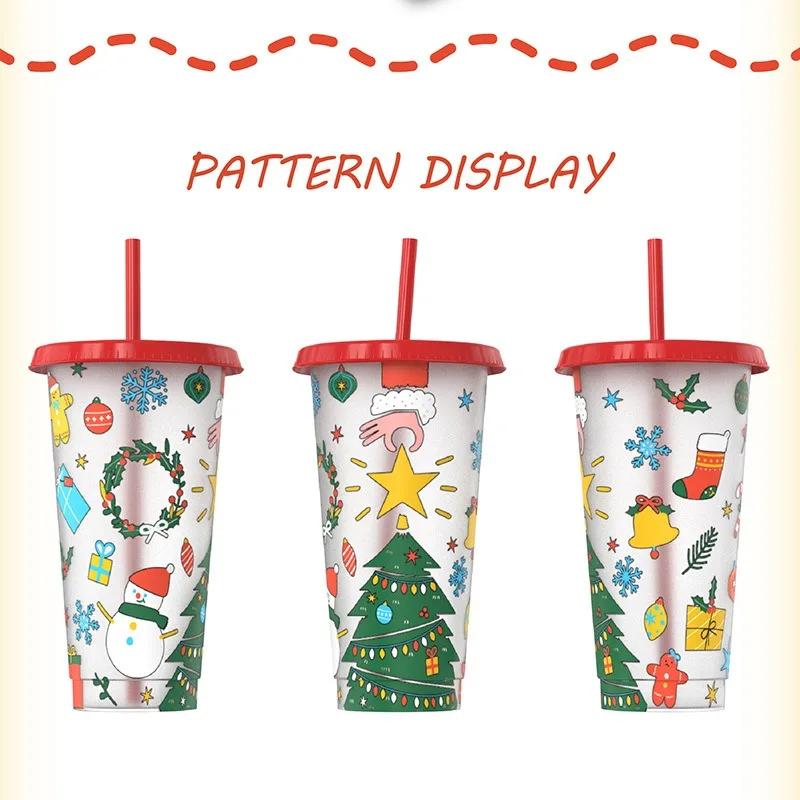 24 Oz Coffee Straw Cup Reusable Christmas Color Changing Cup with Lid Plastic Cold Bucket Party Drink Cup