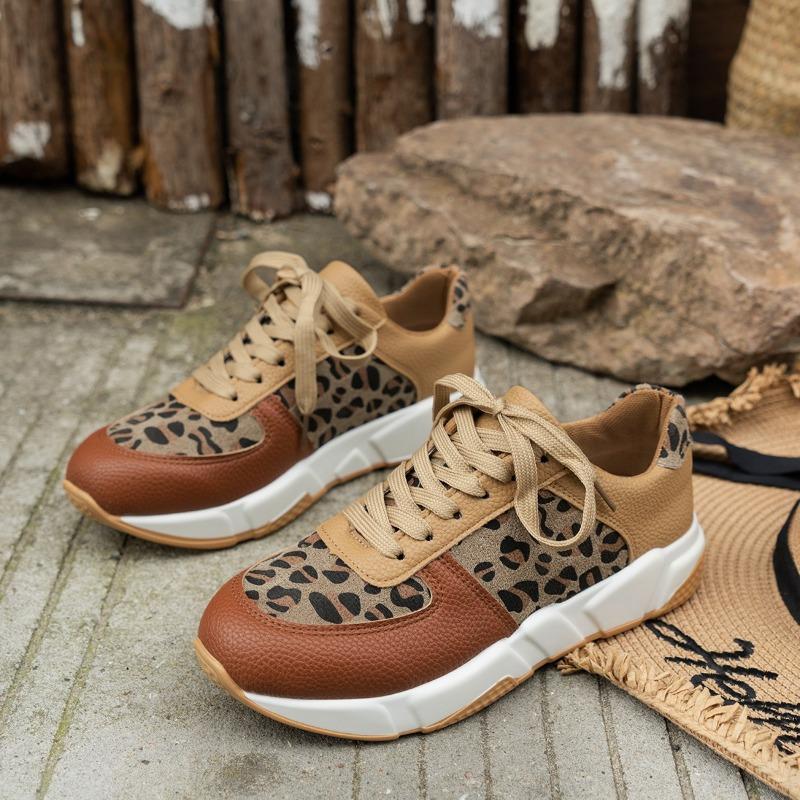 Fashion Platform Sneakers Woman Round Toe Low-top Leopard Wedge Shoes Women's Size 43 Lace Up Casual Walking Jogging Sports Trainers
