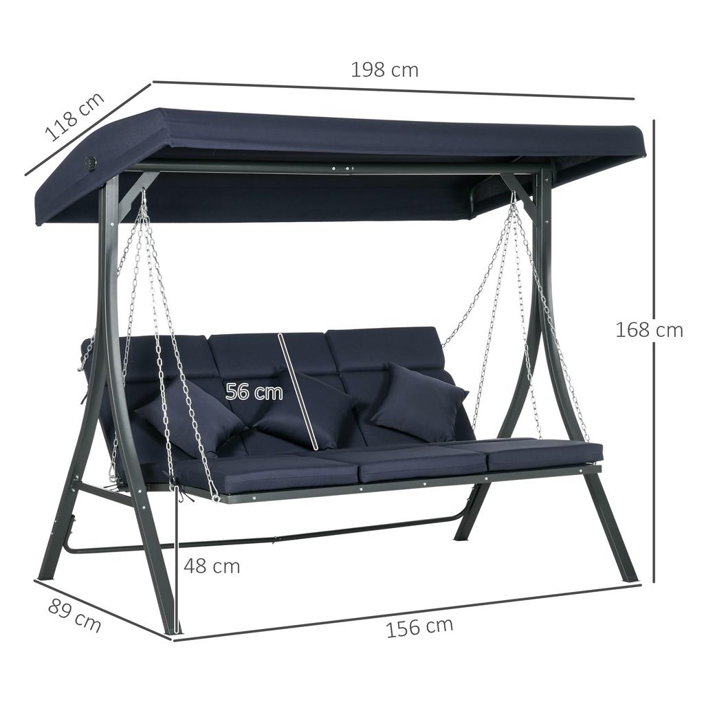 Altalena da Giardino Hollywood Swing, 3 Persone, Tettoia Parasole Regolabile, 198 x 118 x 168 cm, Blu Scuro