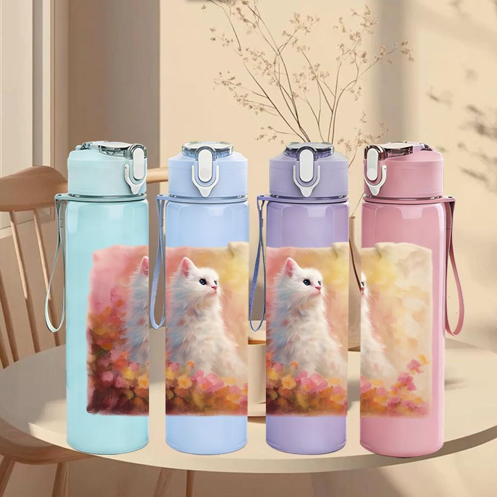 1PC White Cat Floral Soft Art 750ml Color Plastic Sports Water Bottle Leakproof Flip Straw Lid Suitable for Sports Office Home Use