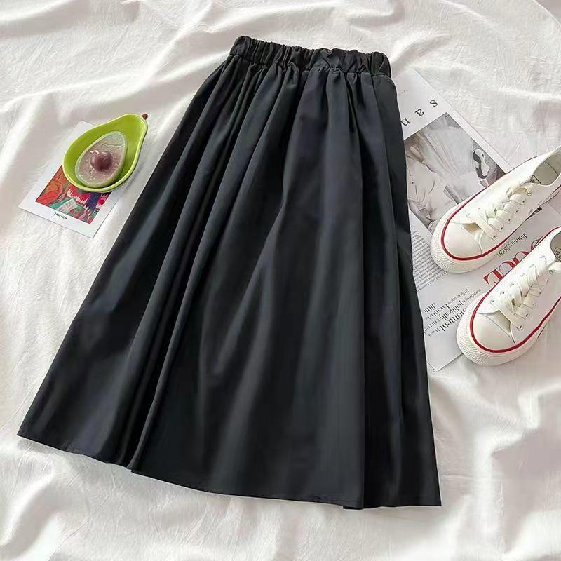 Women's Mid-Length A-Line Skirt: Japanese & Korean Style, Solid Color, Elastic Waist