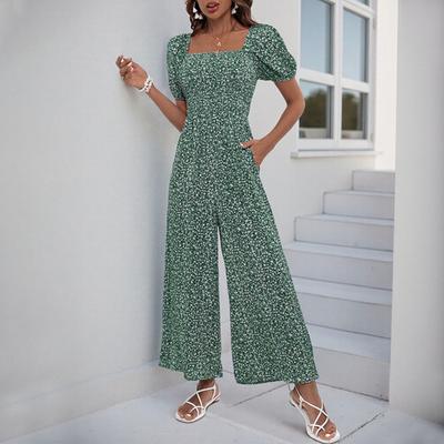 Women's Square Neck Jumpsuit Floral Puff Short Sleeve Wide Leg Pants Romper Summer