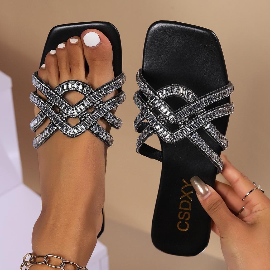 Rhinestone flat-bottomed slippers women's square head one pedal home slippers foreign trade large size FlatSlippers