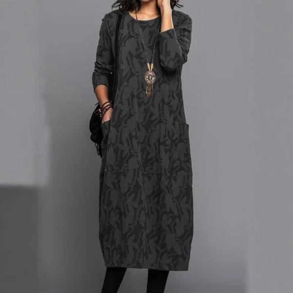 Spring/Autumn Casual Print Round Neck Long Sleeve Pocket Dress for Women