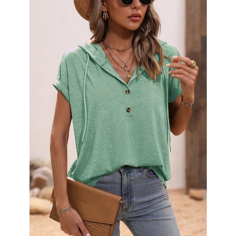 Summer Short Sleeved Hooded Women T-shirt New Loose Buttons Casual Simple T Shirt Female Plus Size Tops Women's Clothing 3267
