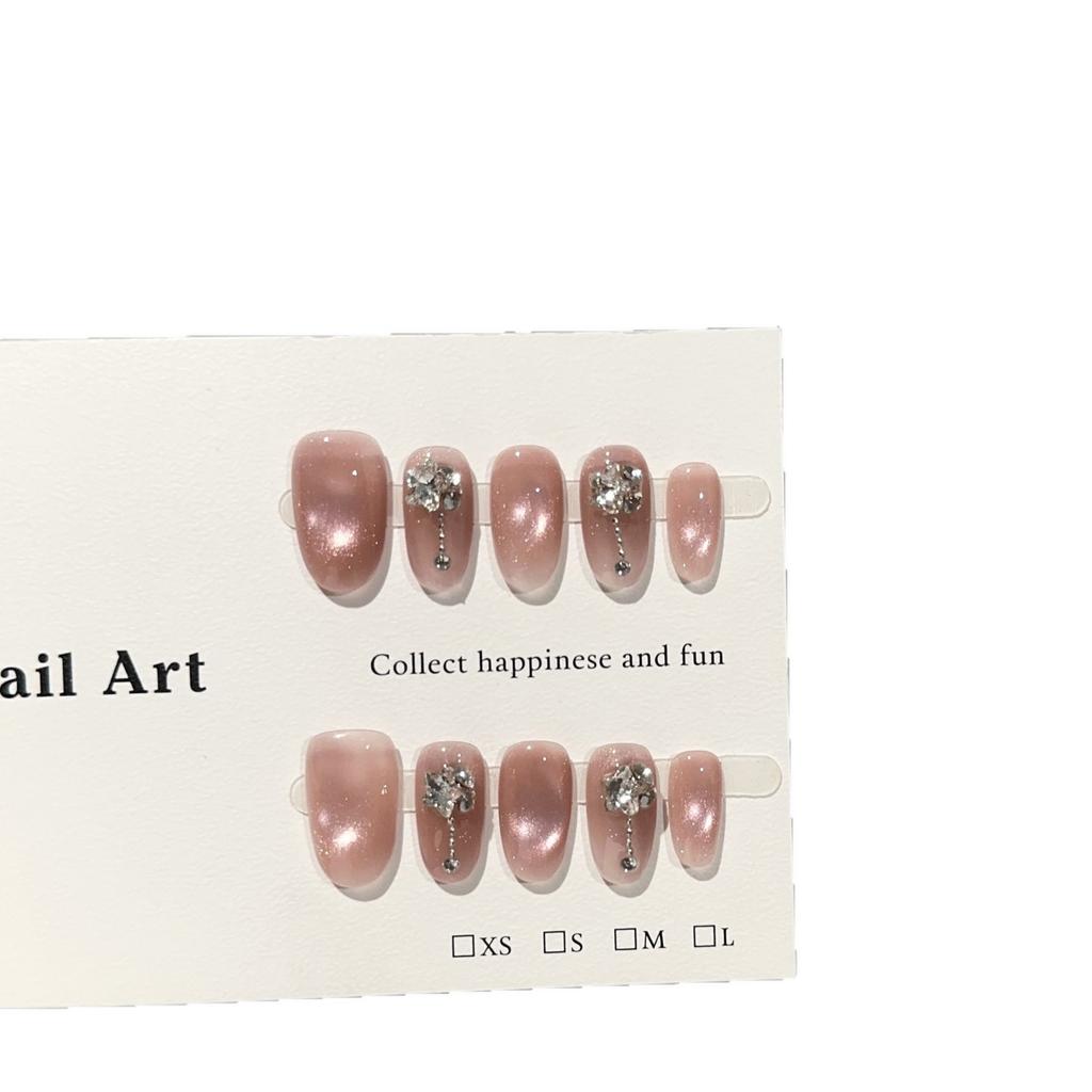 Women Short Press‑On Nails Pure‑Handmade Pink Cat Eye Stacked Rhinestone Light‑Luxury Removable False Nail Patches