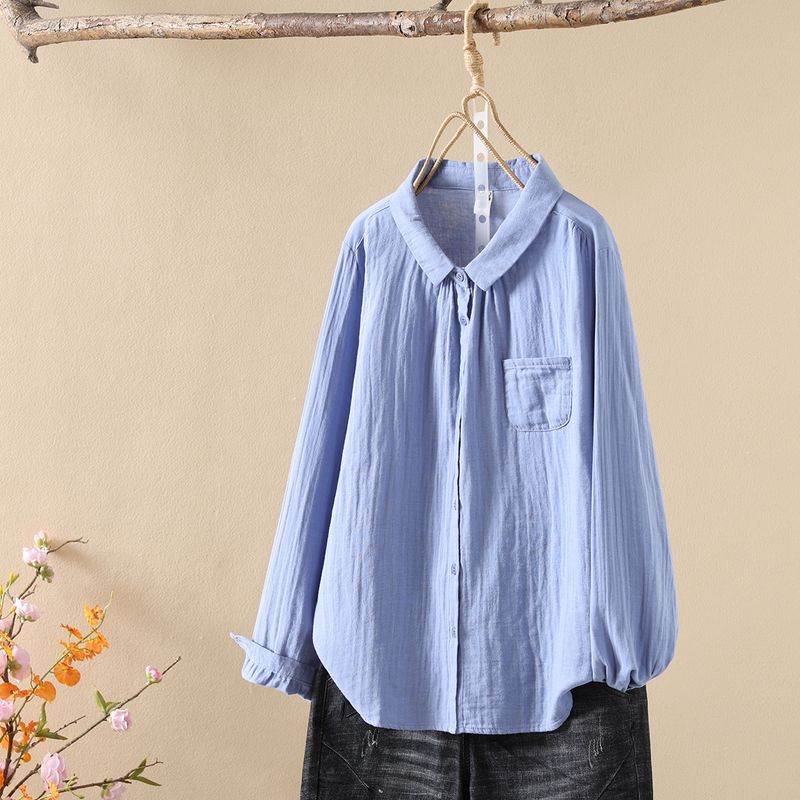 

Хлопковая рубашка для женщин Весна и Осень Новое поступление Ретро топы Художественная рубашка Свободная Легче всего сочетать Длинные рукава Рабочая одежда Однотонная Blue M