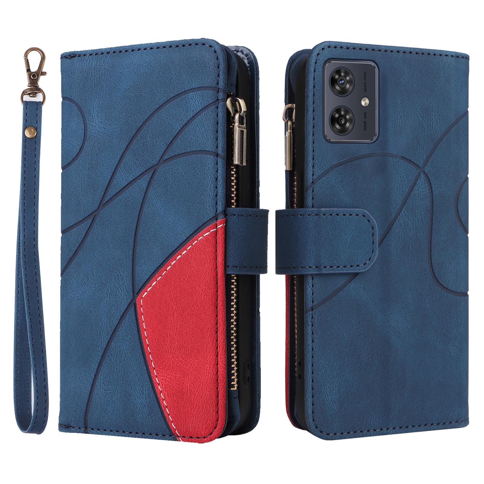

For Motorola Moto G54 5G Leather Case with Strap Zipper 9 Card Slot Phone Cover Stand Blue