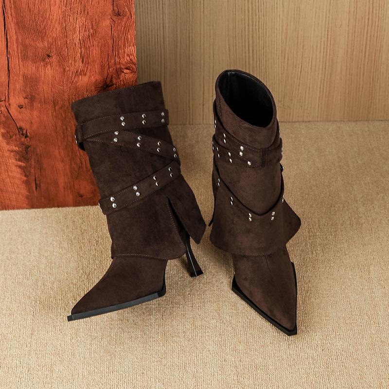 F733-6 European and American style belt buckle wide tube 2025 autumn and winter new pointed thin heel short heel thin high heel short boots women