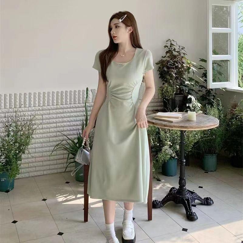 French gentle wind coffee break short-sleeved dress 2026 summer new niche temperament waist thin medium and long dress women