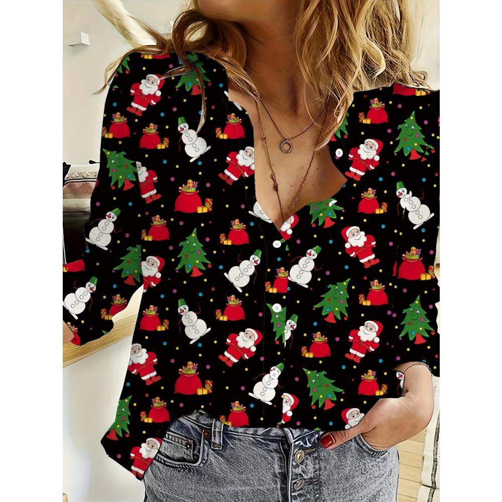 Santa and tree print minimalist shirt, casual button-down front long-sleeved shirt, women's clothing