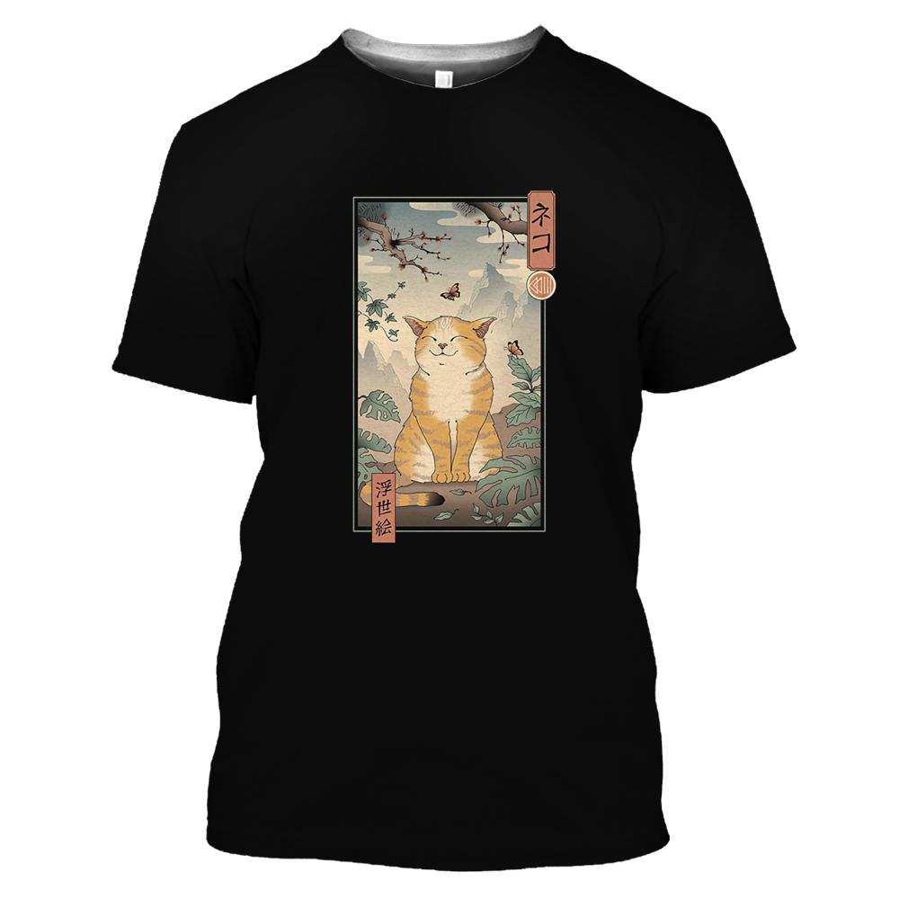 Modische lustige Samurai-Katze-Grafik-T-Shirts für Männer, Sommer, lässig, draußen, cool, Persönlichkeit, bedruckt, Rundhals-Kurzarm-Tops