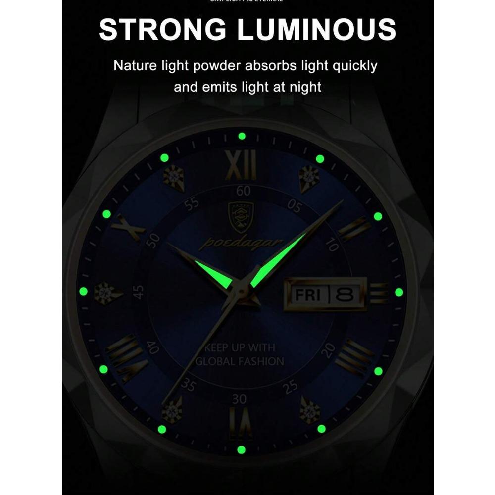 POEDAGAR Business Men's Stainless Steel Dual Calendar Quartz Watch, Casual Waterproof Luminous Men's Watch, Men's Gift