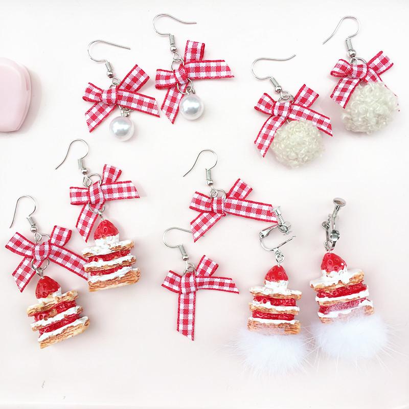 Harajuku Cute Plaid Bow & Mink Fur Ball Earrings with Strawberry Cake Dangles