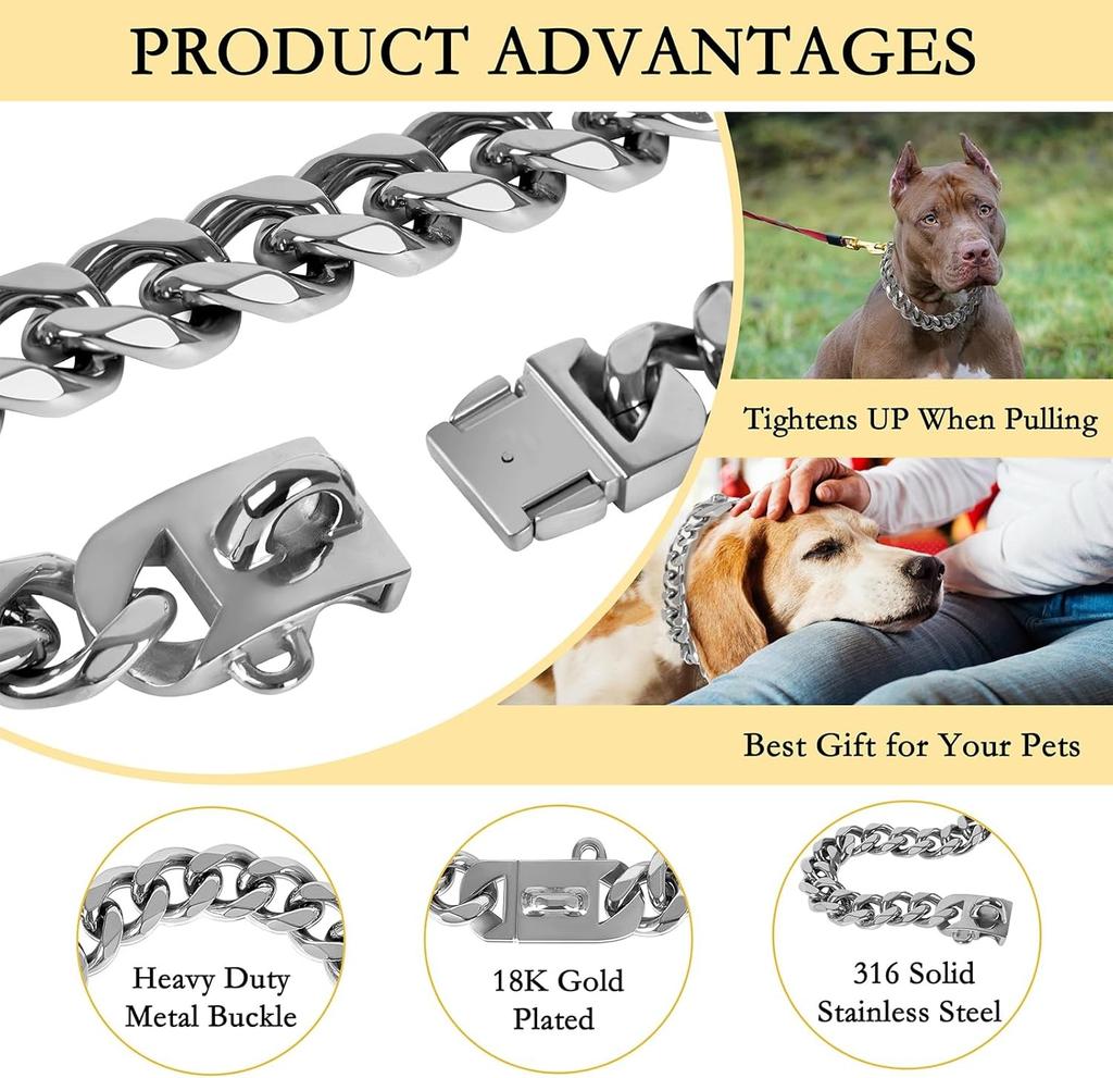 Kubansk länk hundhalsband 23MM Lättmetall Silverkedja Hundhalsband, Mode Smyckestillbehör för Valphund, Bully