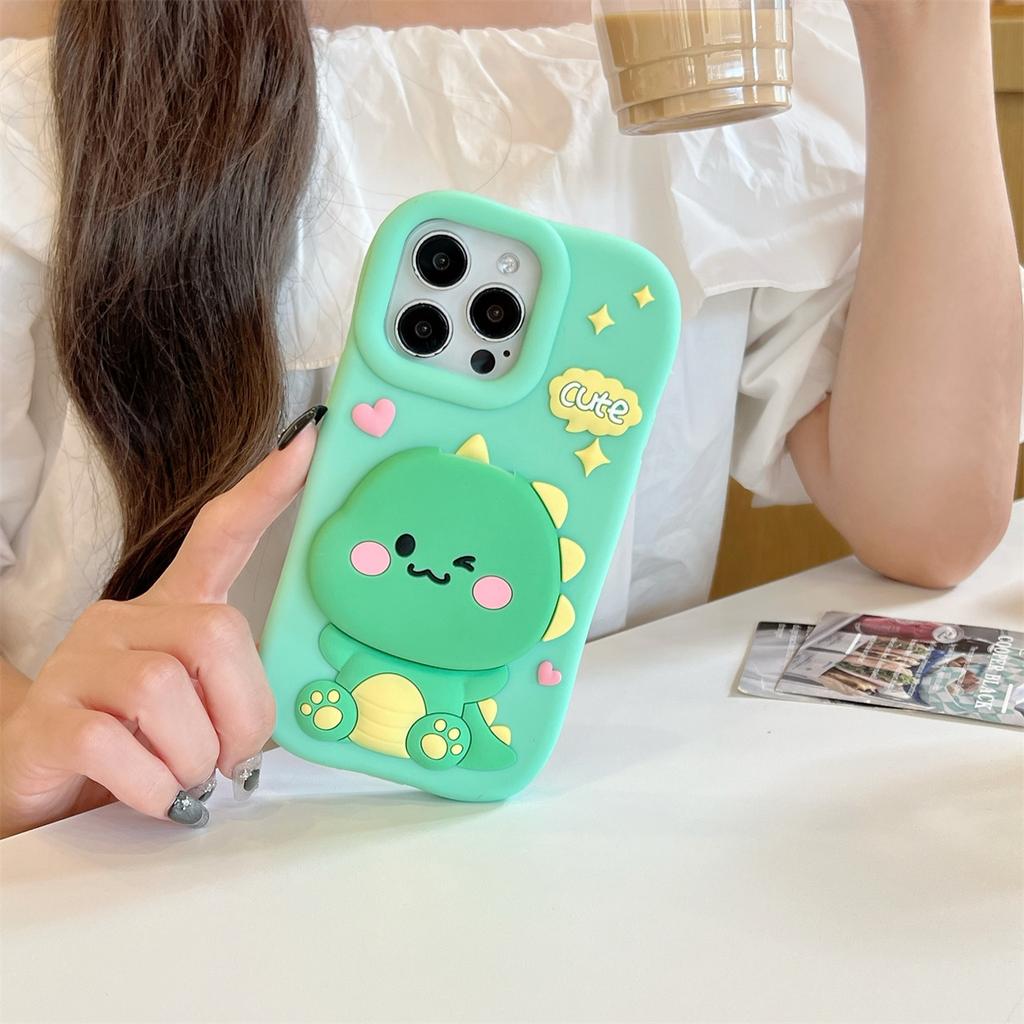For iPhone 16 Pro Max Silicone Case Cute Dinosaur Mirror Design Shockproof Phone Back Cover