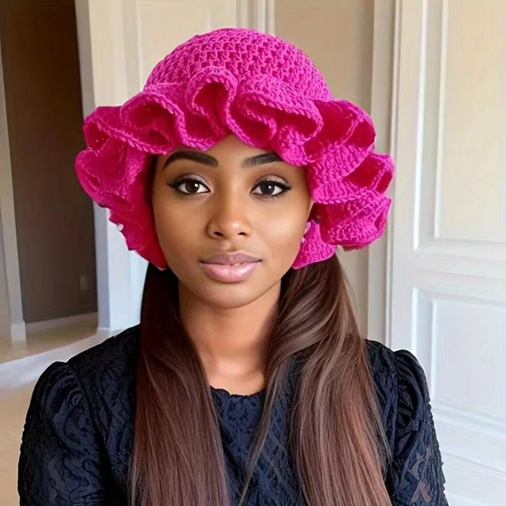 

Women s Bucket Hat Colorful Crochet Ruffle Warm Stretch Knit Hat New Year Celebration Fashion Handmade Beanie Hat tool tentacle 56-60cm розы красного