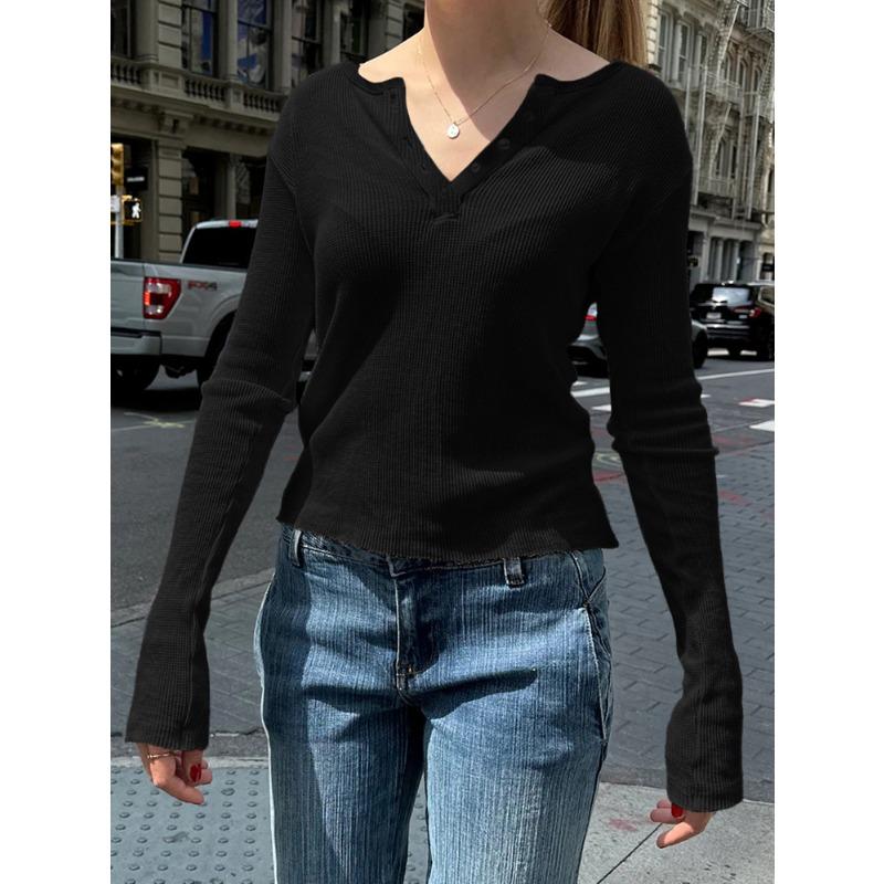 Spring Summer Women's Y2K Casual Solid Colour Button V-Neck Knit Long Sleeve Top