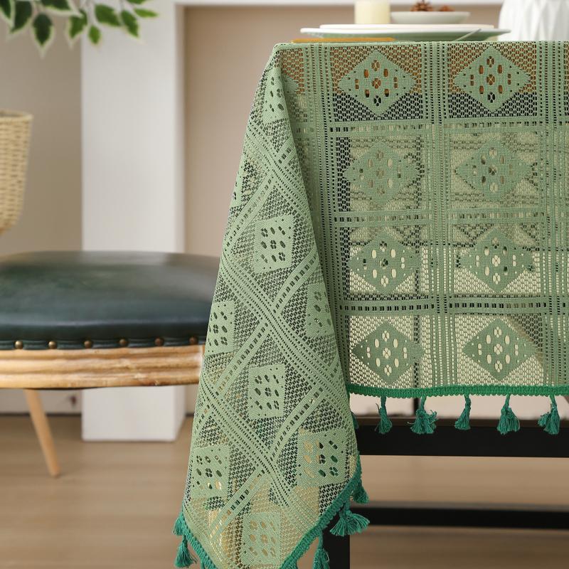 Retro pletený ubrus krajka Zelený vyhloubený ubrus Vintage háčkovaný kulatý ubrus Krajka na stůl v americkém stylu
