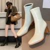 Women Patent Leather White Ankle Boots Women Autumn Fashion Slip on High Heels Boot Woman Pointed Toe Thick Heeled Short Booties