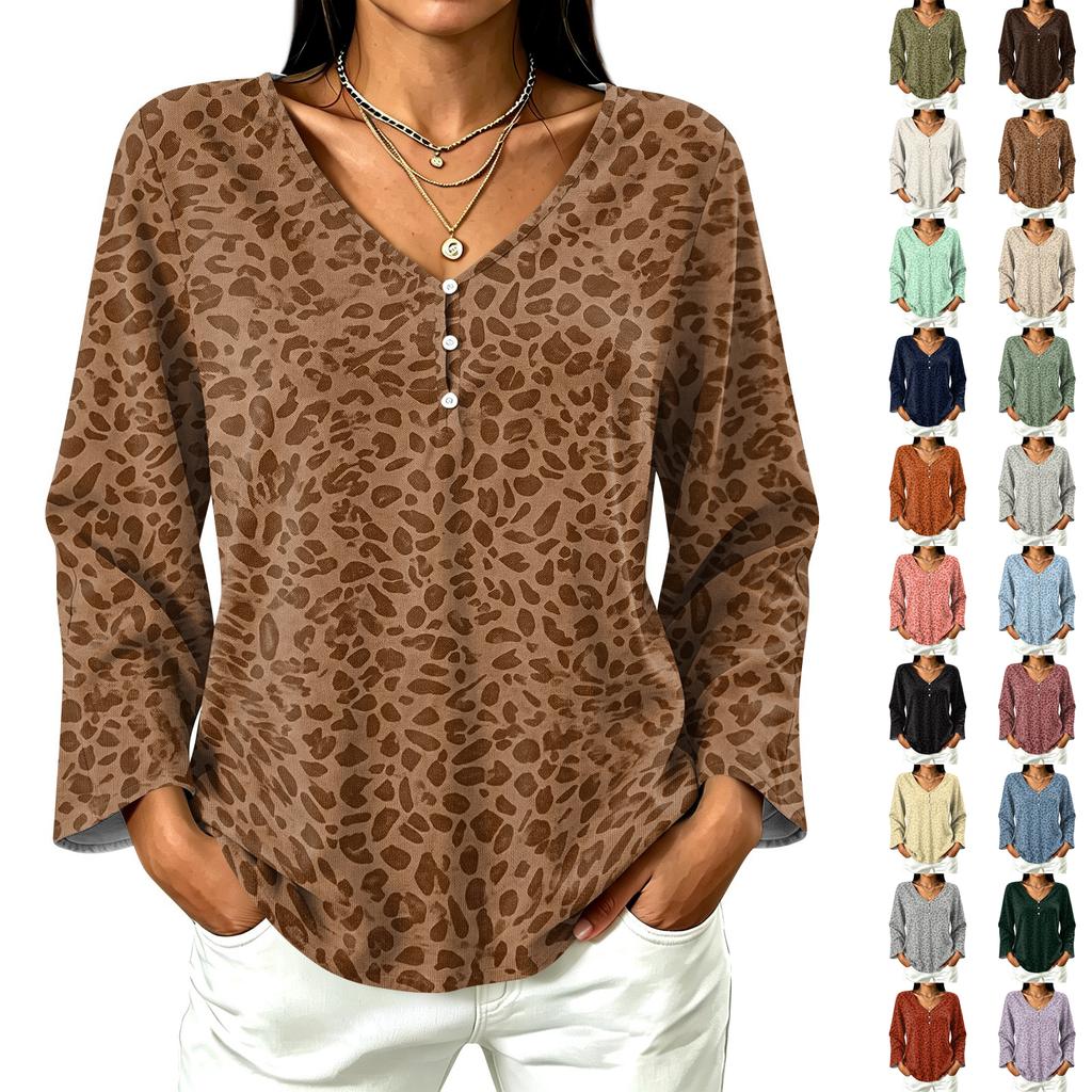 Women's Casual V-Neck Long Sleeve T-Shirt with Leopard Print for Everyday Wear