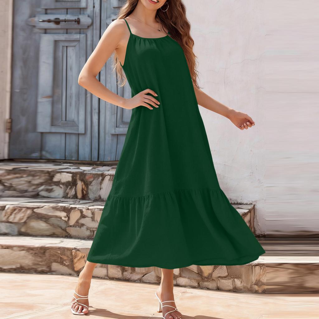 Women Summer Dresses  Spaghetti Strap Scoop Neck Smocked Ruffle Flowy Boho Maxi Dress