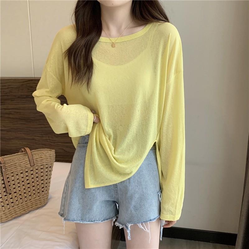 Women's Summer Thin Slightly Sheer Split Sun Protection Long Sleeve T Shirt Candy Colored Loose Air Conditioning Cover Up