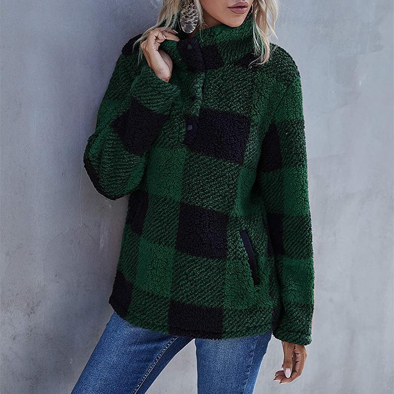 VEZFAA Women's Fashion Casual Plaid Print Spring Fall Long Sleeve POLO Neck Pullovers & Long Sleeves