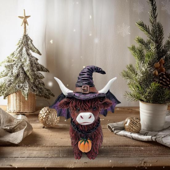 Halloween Highland Cow Resin Figurine Wizard Hat Pumpkin Broom Cattle Statue Sculpture Holiday Party Decoration Ornament