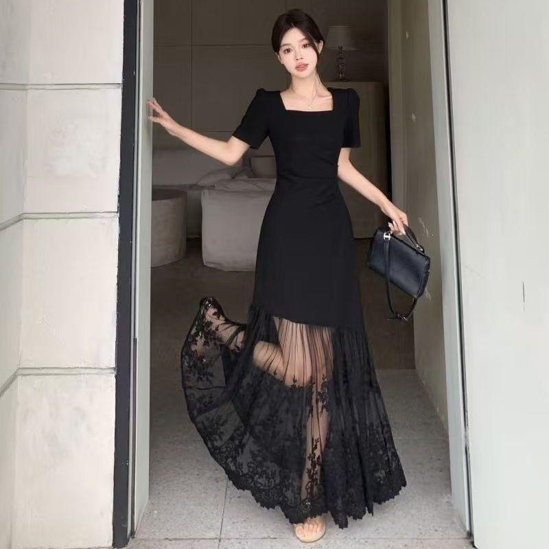 Summer Black Mesh Splicing Square Neck Dress for Women, Sexy Waist and Thin Temperament, Slim and Big Swing Dress