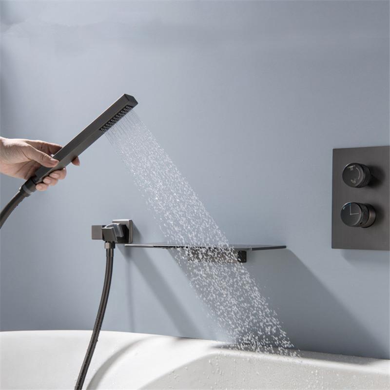 Tuqiu Gray Bathtub and Shower Faucet Set Brass Bathtub Waterfall Fauct Tap Mixer With Handheld Waterfall Bathtub Tap