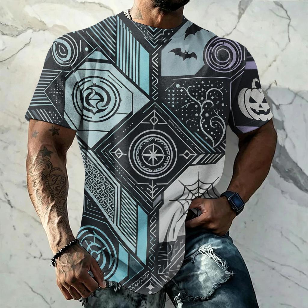 Men's Halloween Vintage Short Sleeve T Shirt Loose Breathable Summer Sports Streetwear Casual Everyday Top with Bat and Spider Web Print