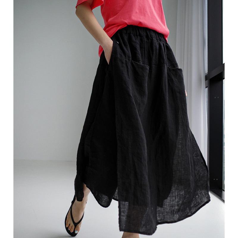 Women's Cotton Linen Wide-Leg Skirt Pants - Large Slit, Casual, Loose Fit, Nine-Point Length for Spring and Summer