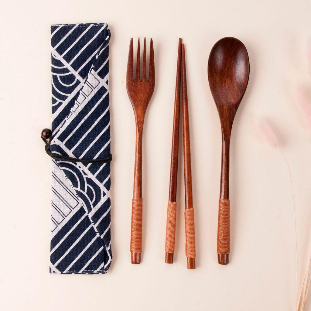 Japanese Wooden Portable Tableware Set: Long-Handled Spoon, Fork, and Chopsticks - Korean Style Three-Piece Set for Outdoor Use.
