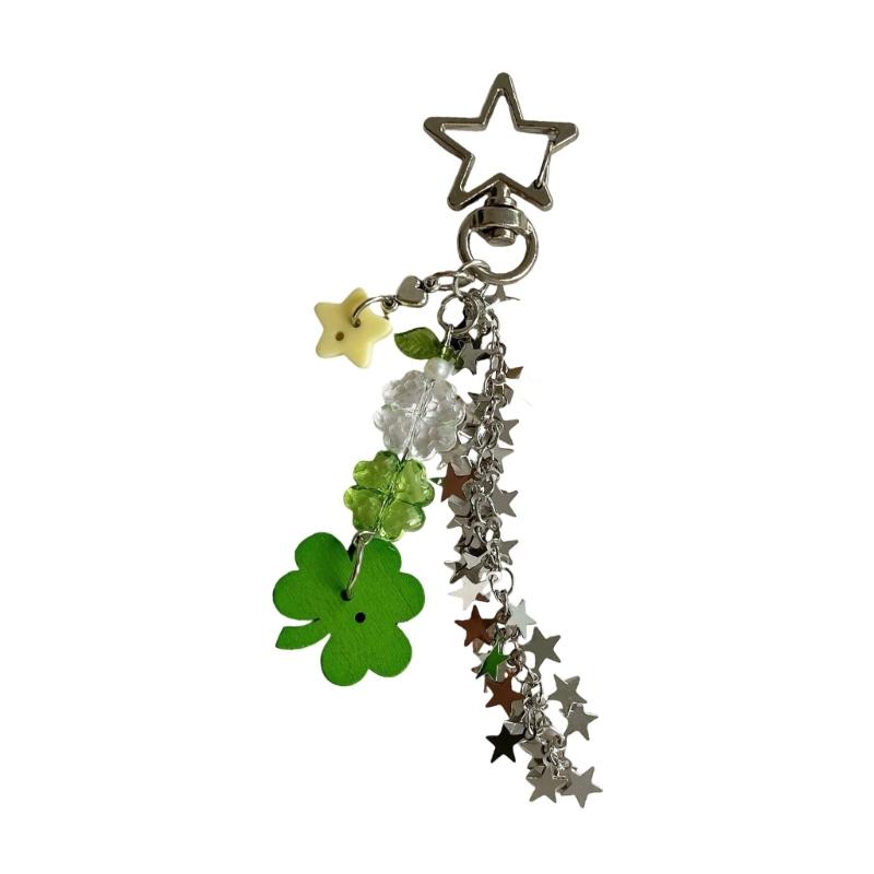 Nostalgic Y2K Keychain Featuring Lucky Strawberry Clovers Design Shining Star Chain Metal Buttons Versatile Bag Charm