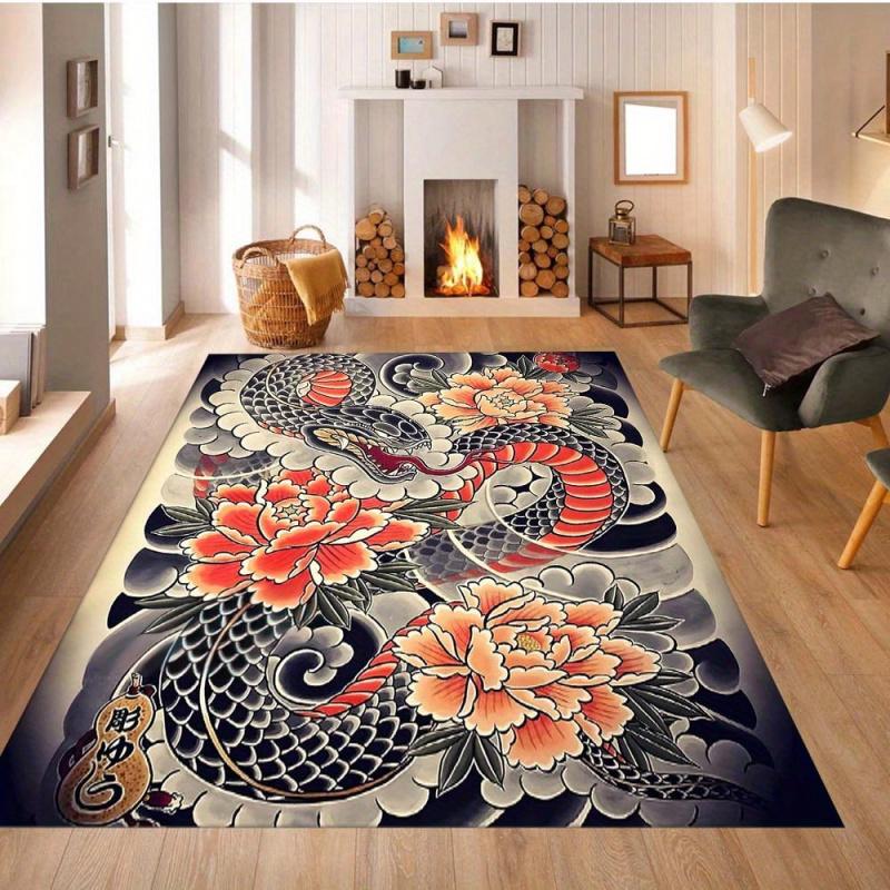 VIKAMA Dragon And Floral Pattern Tattoo Design Area Rug Ideal For Living Rooms, Bedrooms Or Play Areas Home Decoration