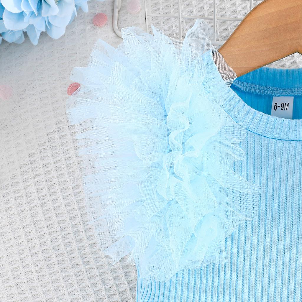 Sweet Sky Blue Girls Mesh Sleeve Top Bowknot Half Skirt Set
